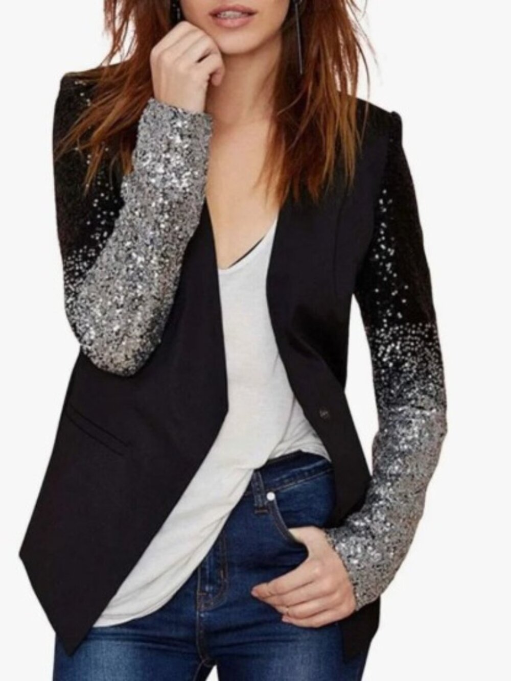 Haoduoyi Sliver Black Balayage Sequin One Button Blazer | Size XL